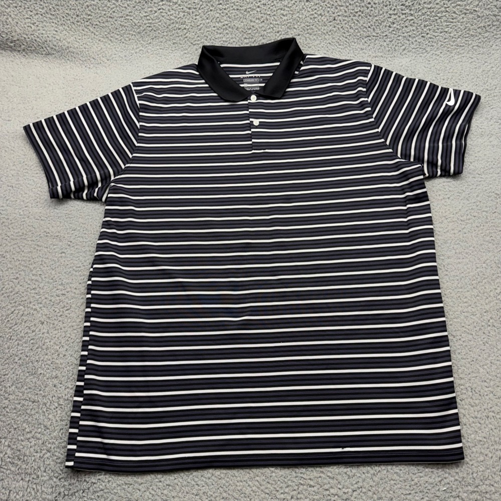 Nike 725508-010 Mens XL Black White Striped Dri-FIT Standard Fit Golf Polo Shirt